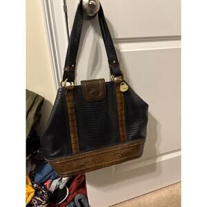 Brahmin croc navy blue and brown purse tote guc